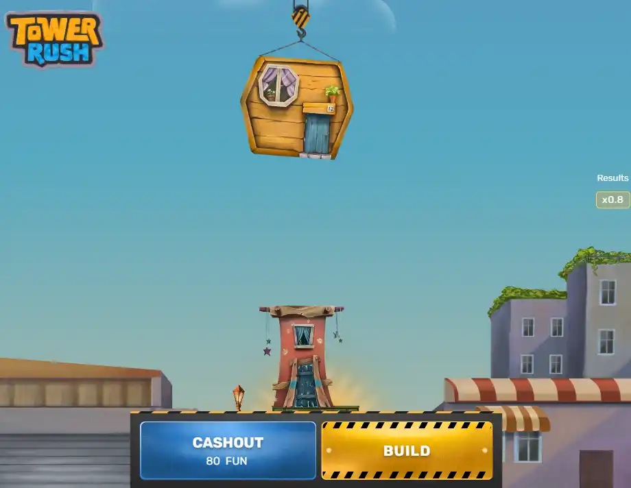 Ekran Tower Rush z wieżą, mnożnikiem i elementami sterowania rundą